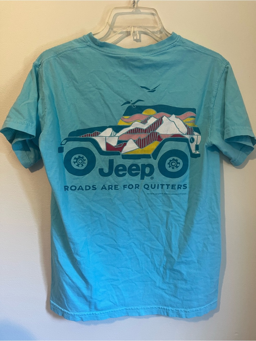 Jeep Turquoise Graphic Tee with Multicolor Mountain Jeep